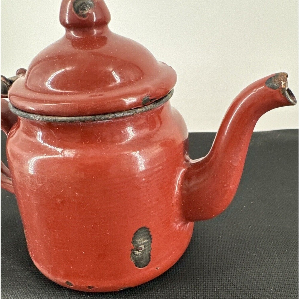 Teapot Burgundy Enamel Metal Farmhouse Decor 4.5" T Gooseneck Spout Distressed - Picture 2 of 11